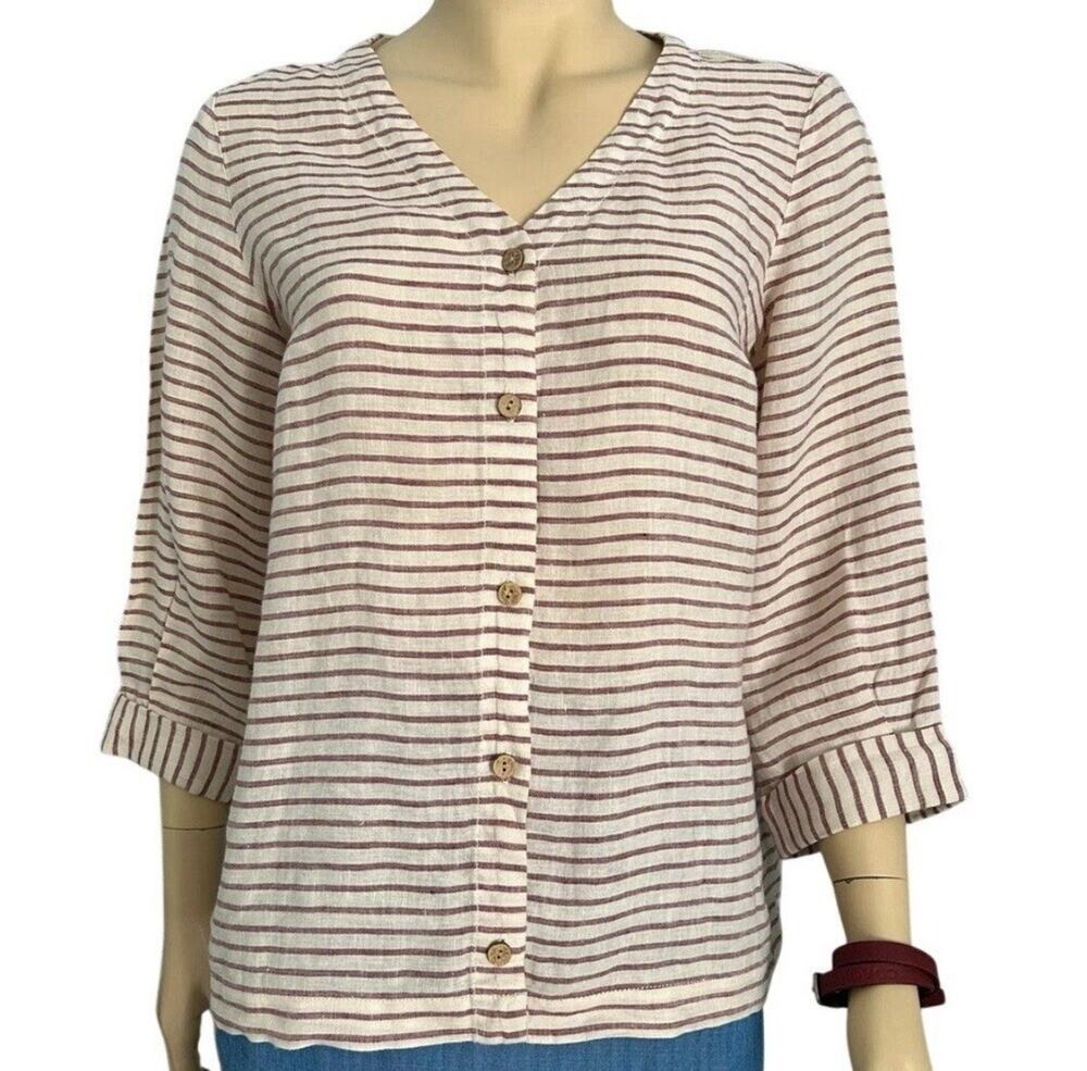 Artisan NY 100% Linen L Rust Cream Striped Button Up 3/4 Sleeve Blouse
